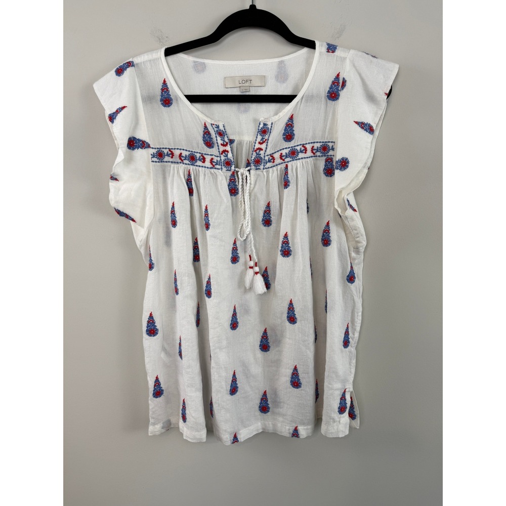 LOFT Blouse White M Embroidered Cotton Gauze Tassel Peasant Boho Top